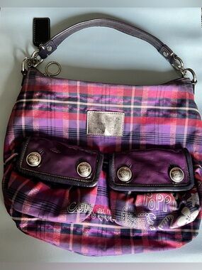 Coach Poppy Purple Pink Black Metallic Tartan Plaid Shoulder Crossbody Hobo Bag